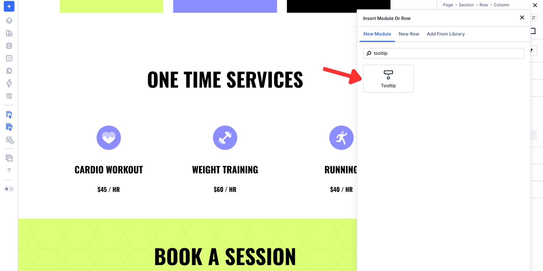 Selecting the Tooltip module as a nested element in Divi 5