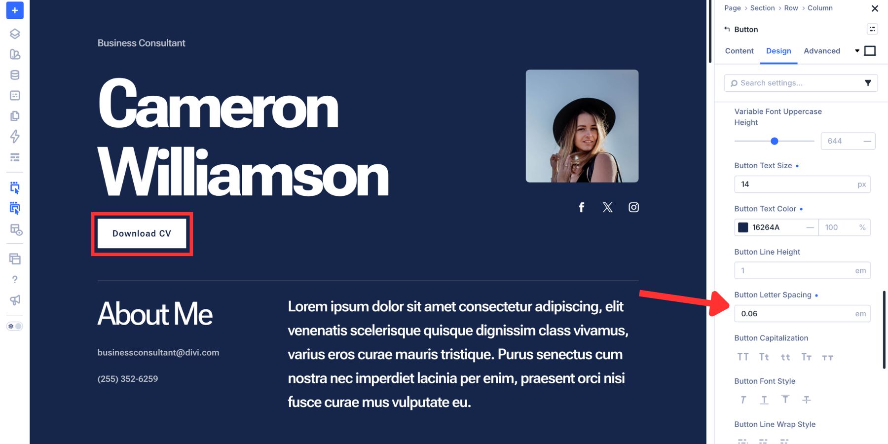 Setting button letter spacing in Divi 5