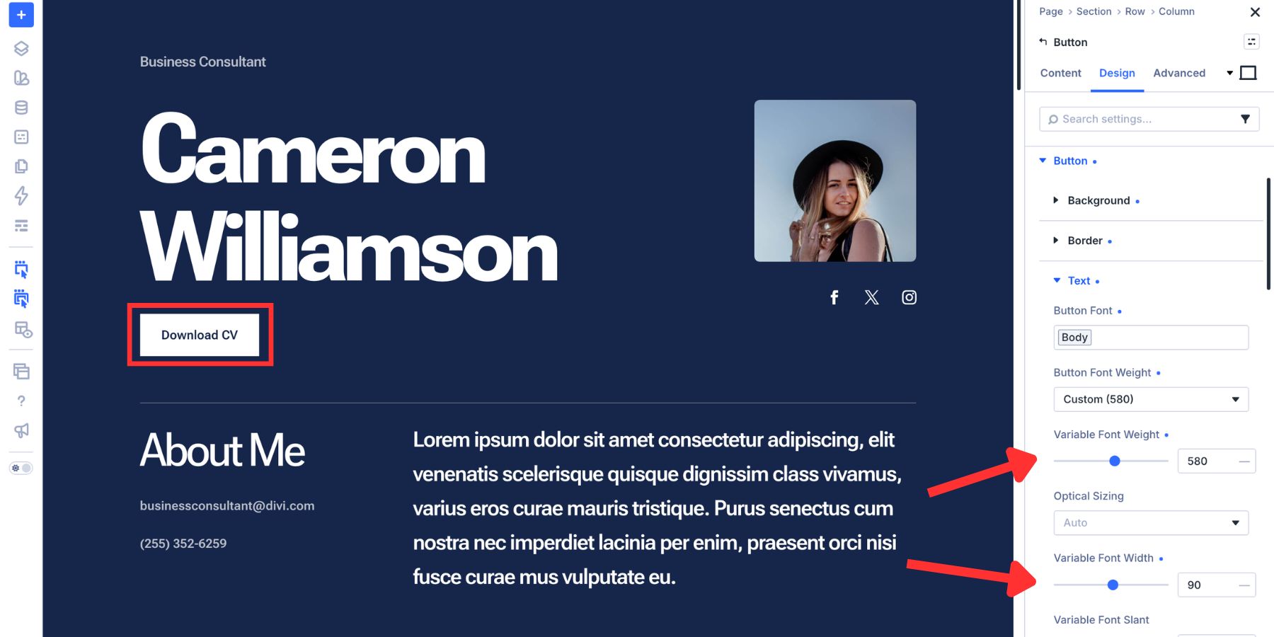 Applying Variable Font Weight and Width to button text in Divi 5