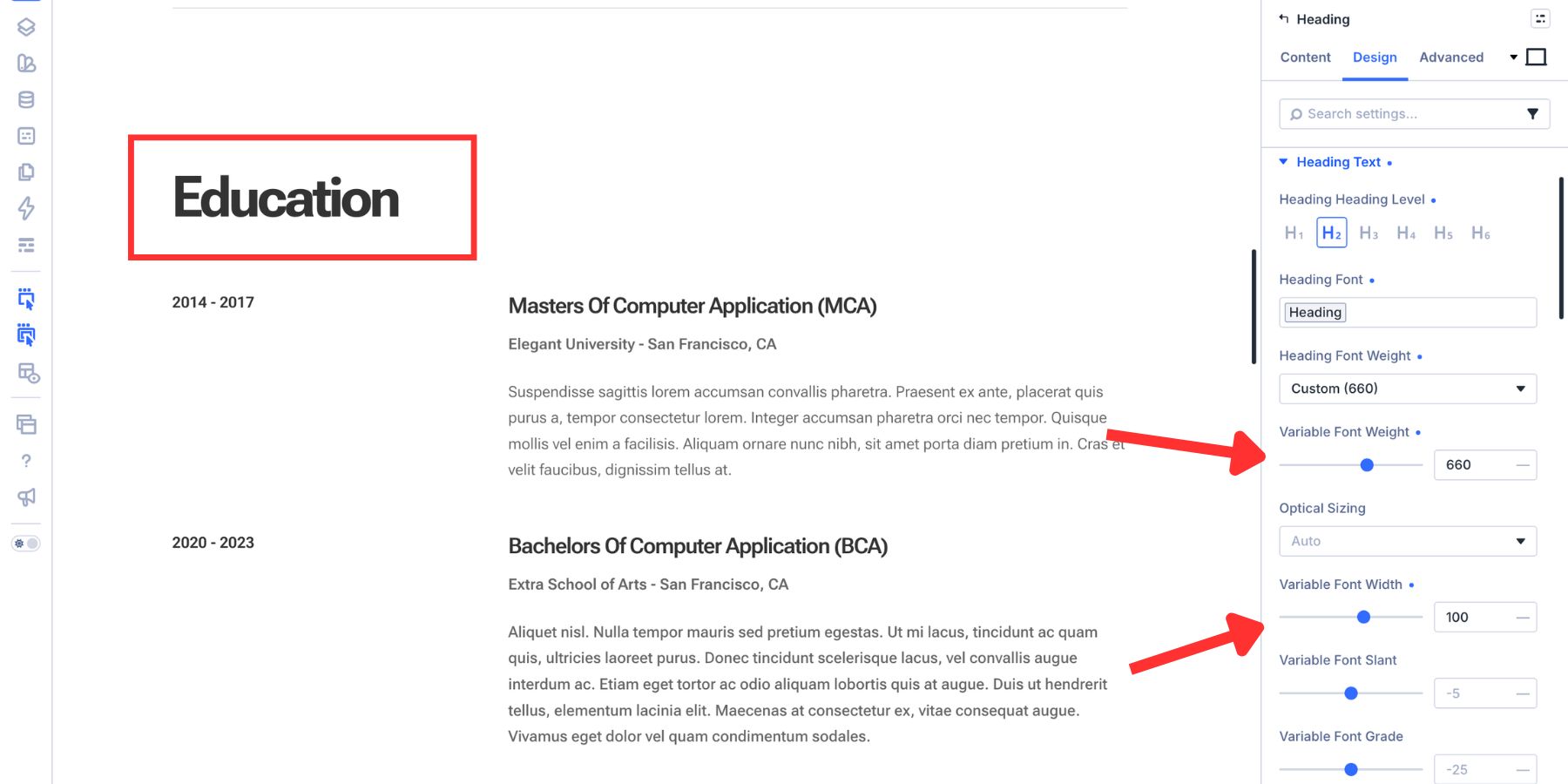 Applying Variable Font Weight and Width to H2 text in Divi 5