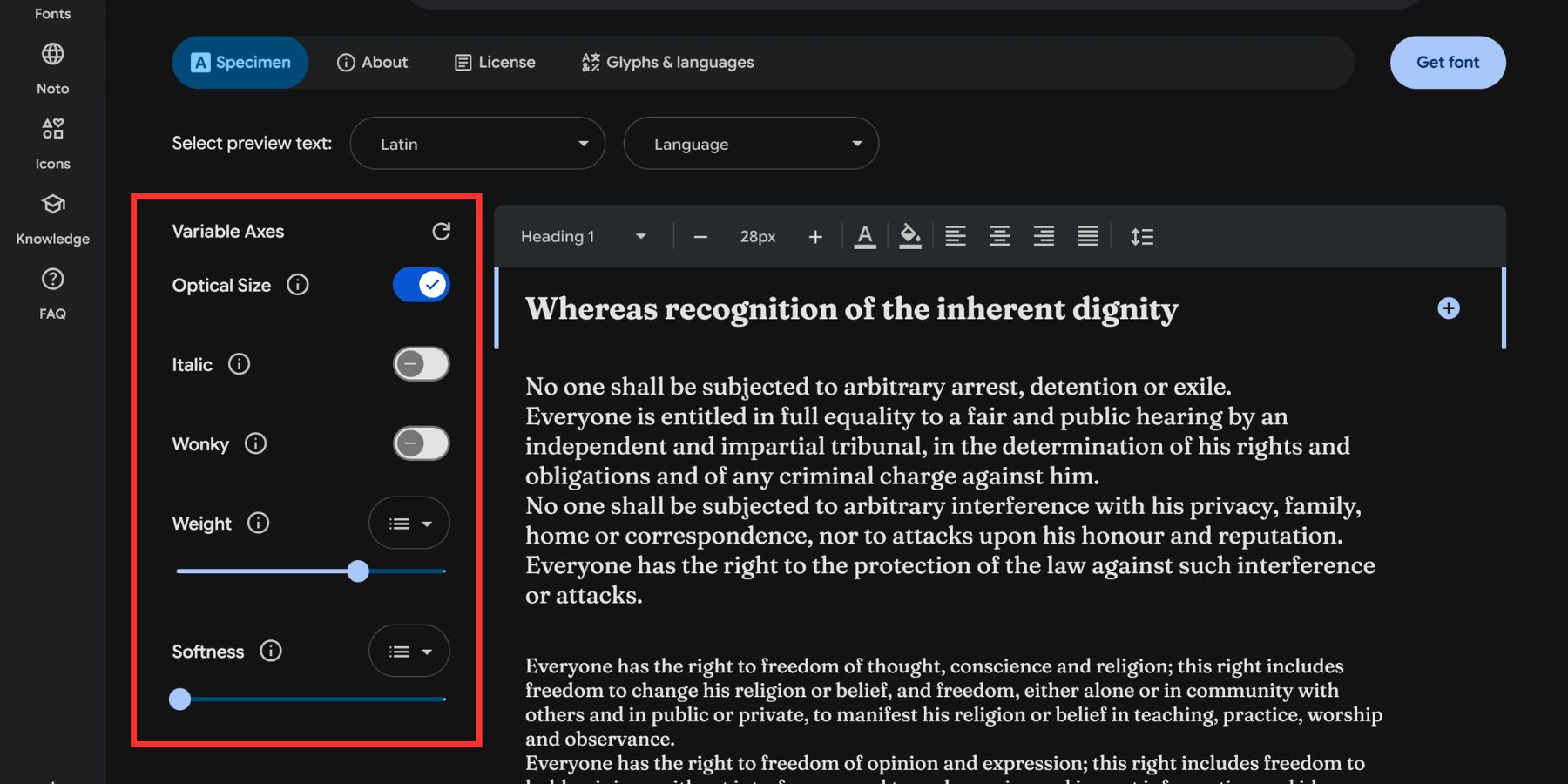 Variable font axis settings shown in Google Fonts