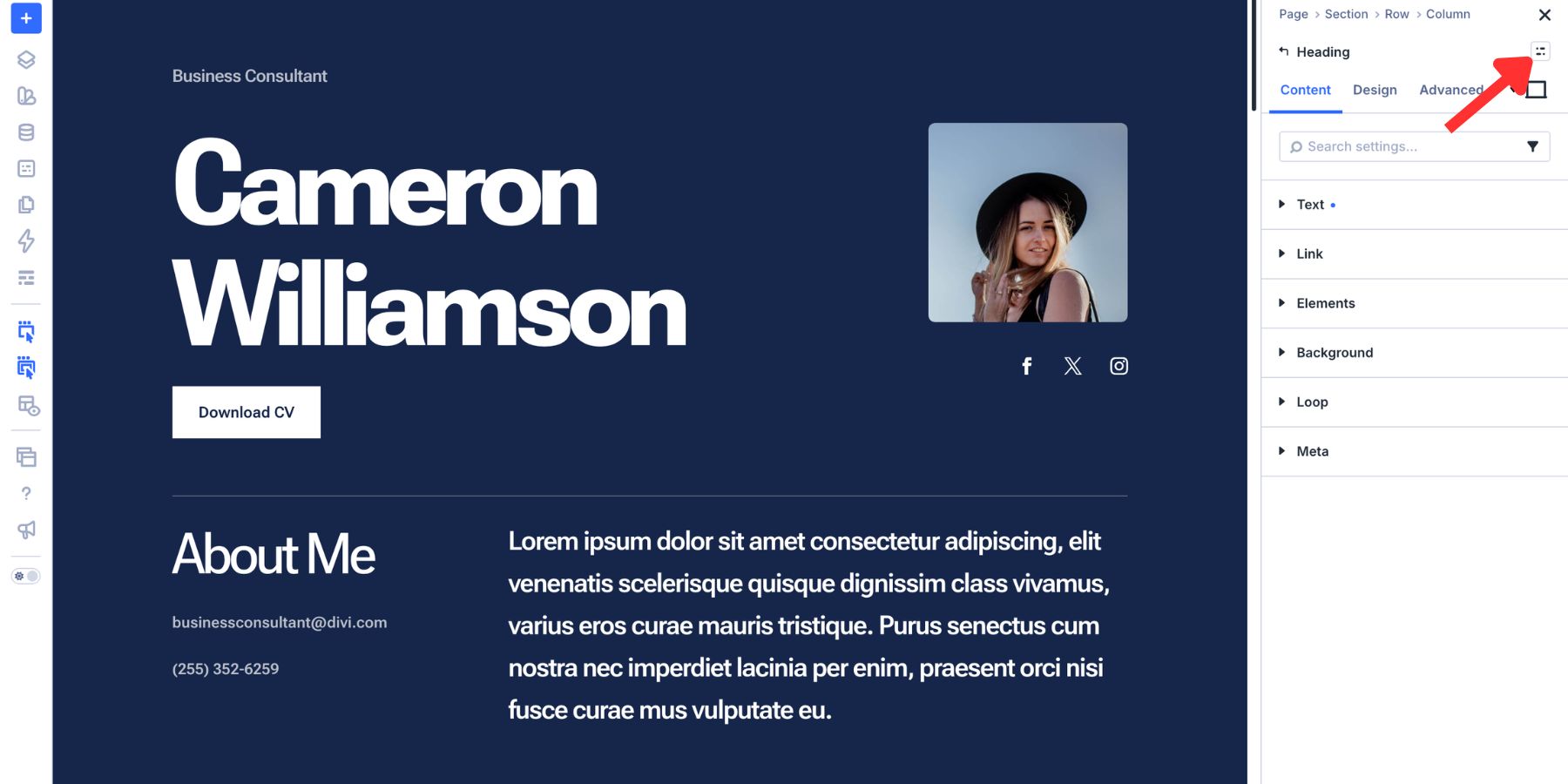 Element Preset button at the top of a Divi 5 module settings panel