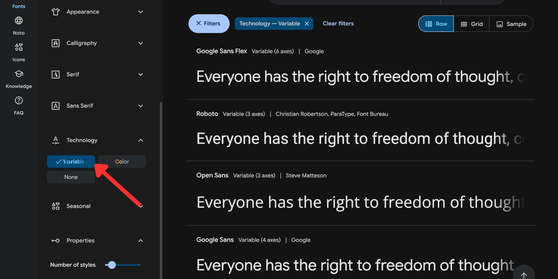 Google Fonts filters for finding variable fonts