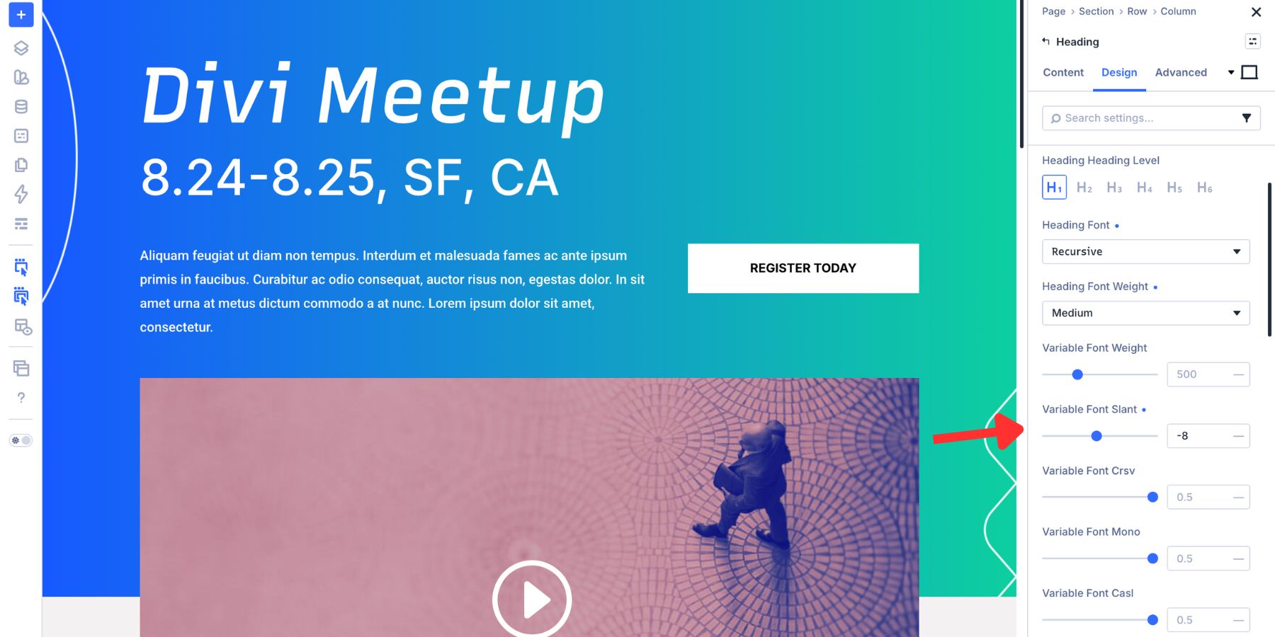 Variable Font Slant option available in Divi 5