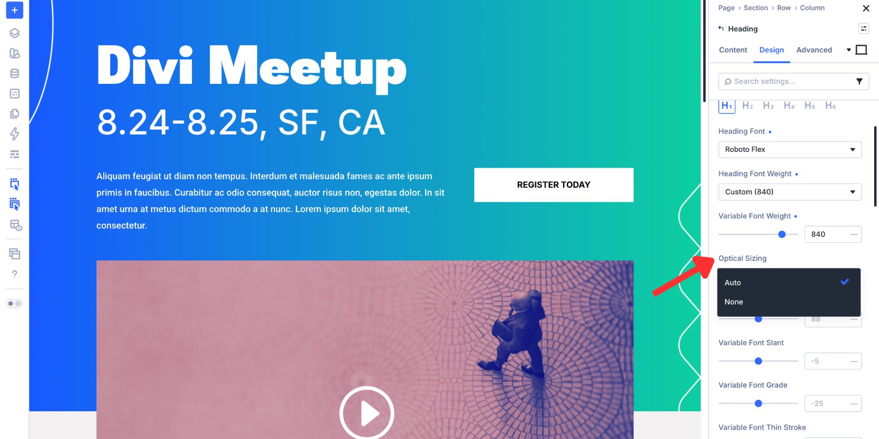 Optical Sizing option available for a variable font in Divi 5