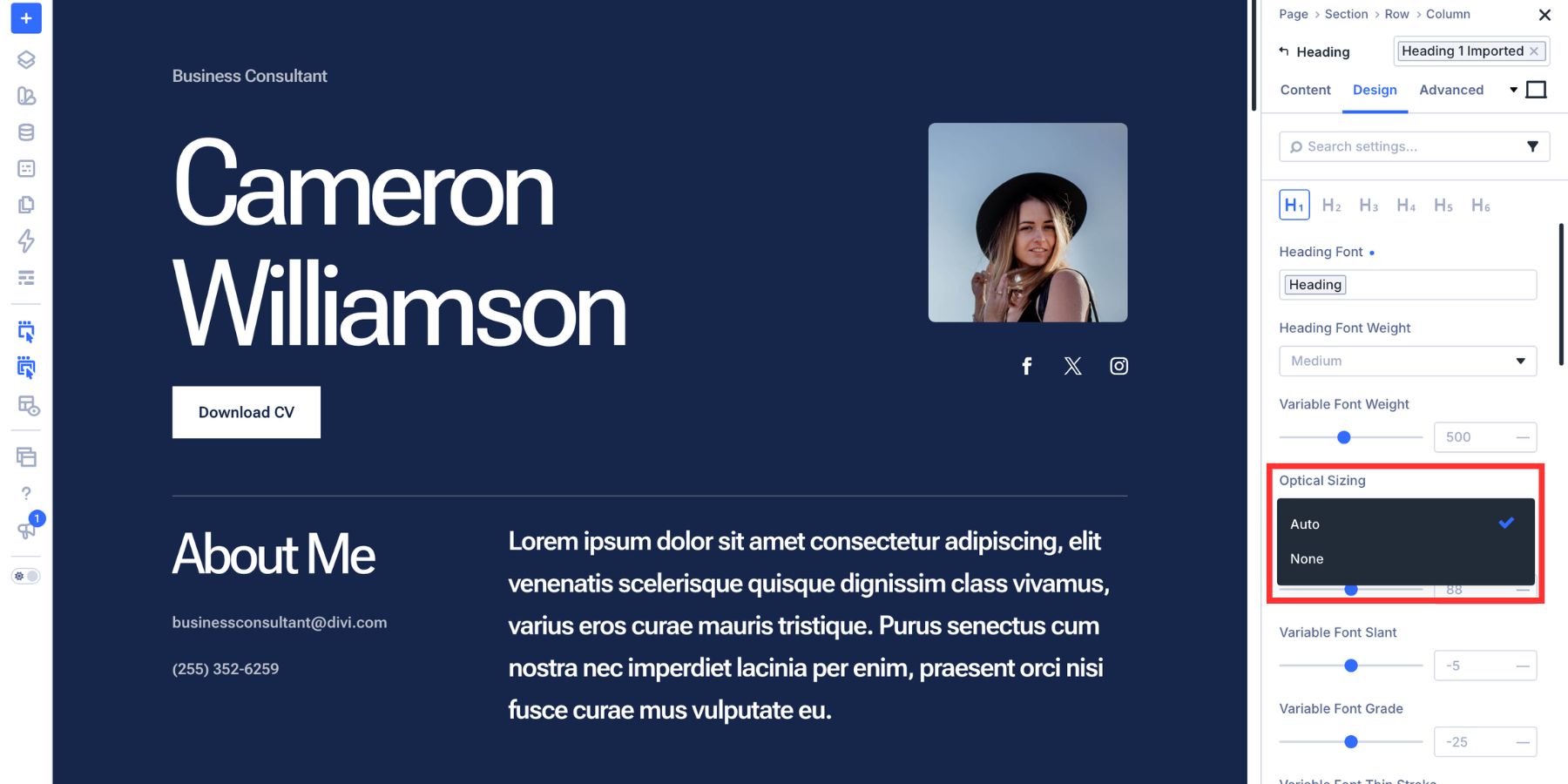 Optical Sizing set to Auto for a variable font in Divi 5