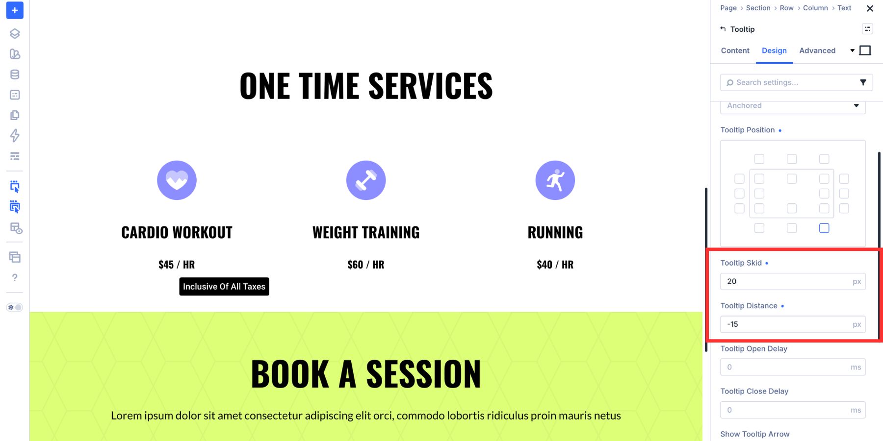 Tooltip skid and distance settings in Divi 5