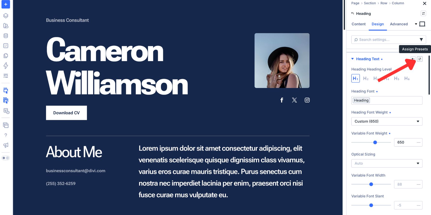 Option Group Preset icon on a Heading Text group in Divi 5