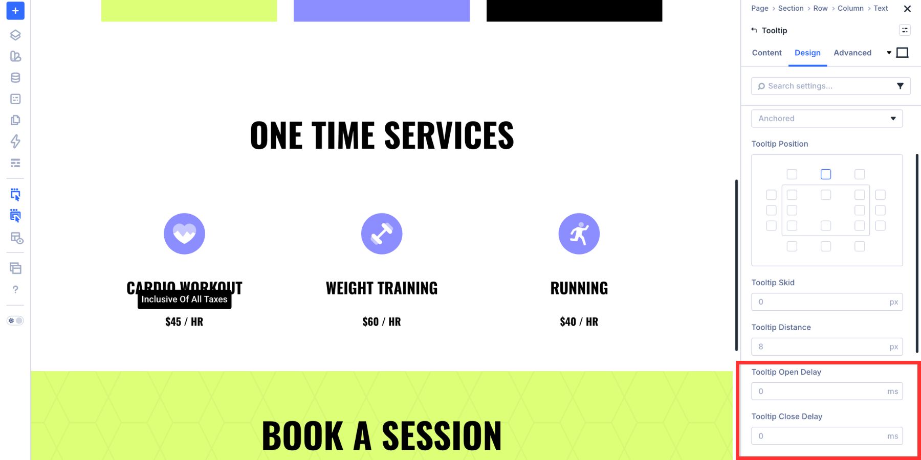 Tooltip open and close delay settings in Divi 5