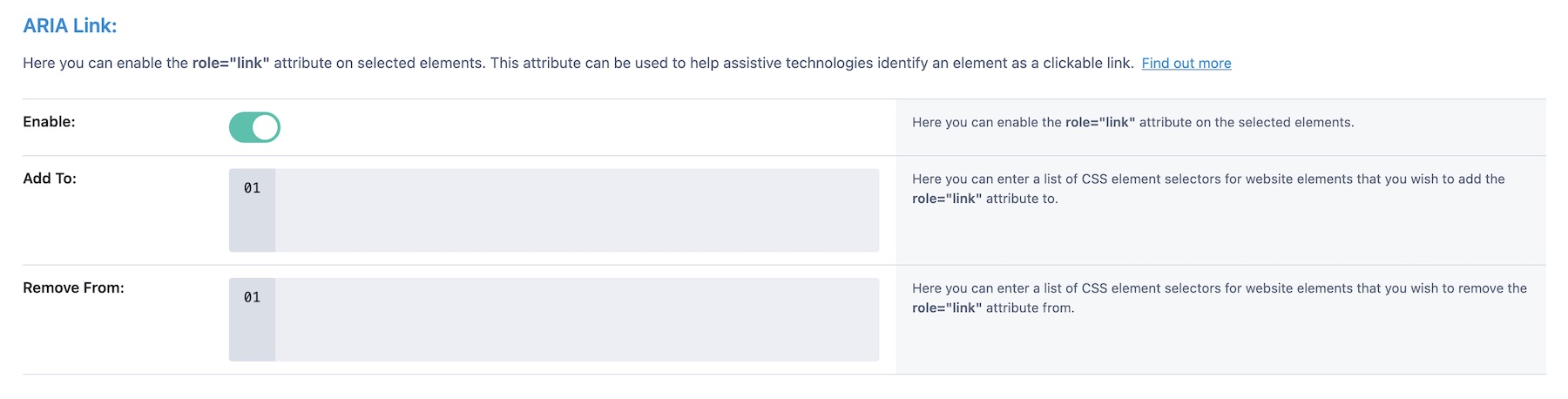 ARIA Link settings in Accessibility Attributes