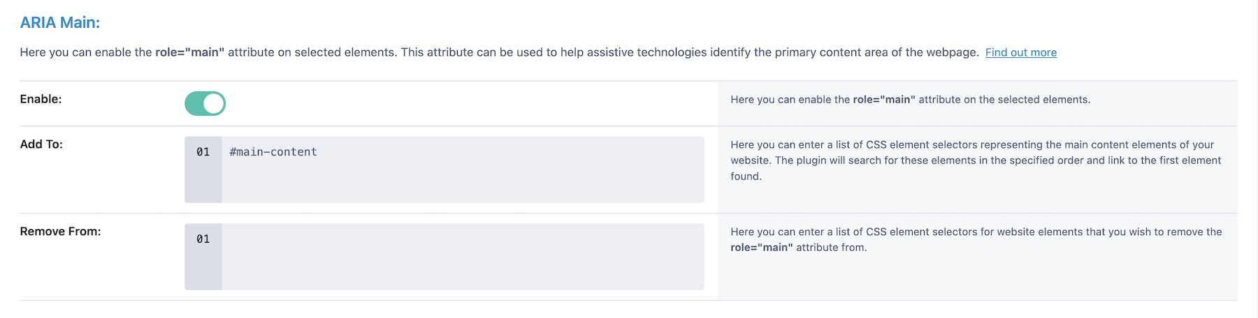 ARIA Main settings in Accessibility Attributes