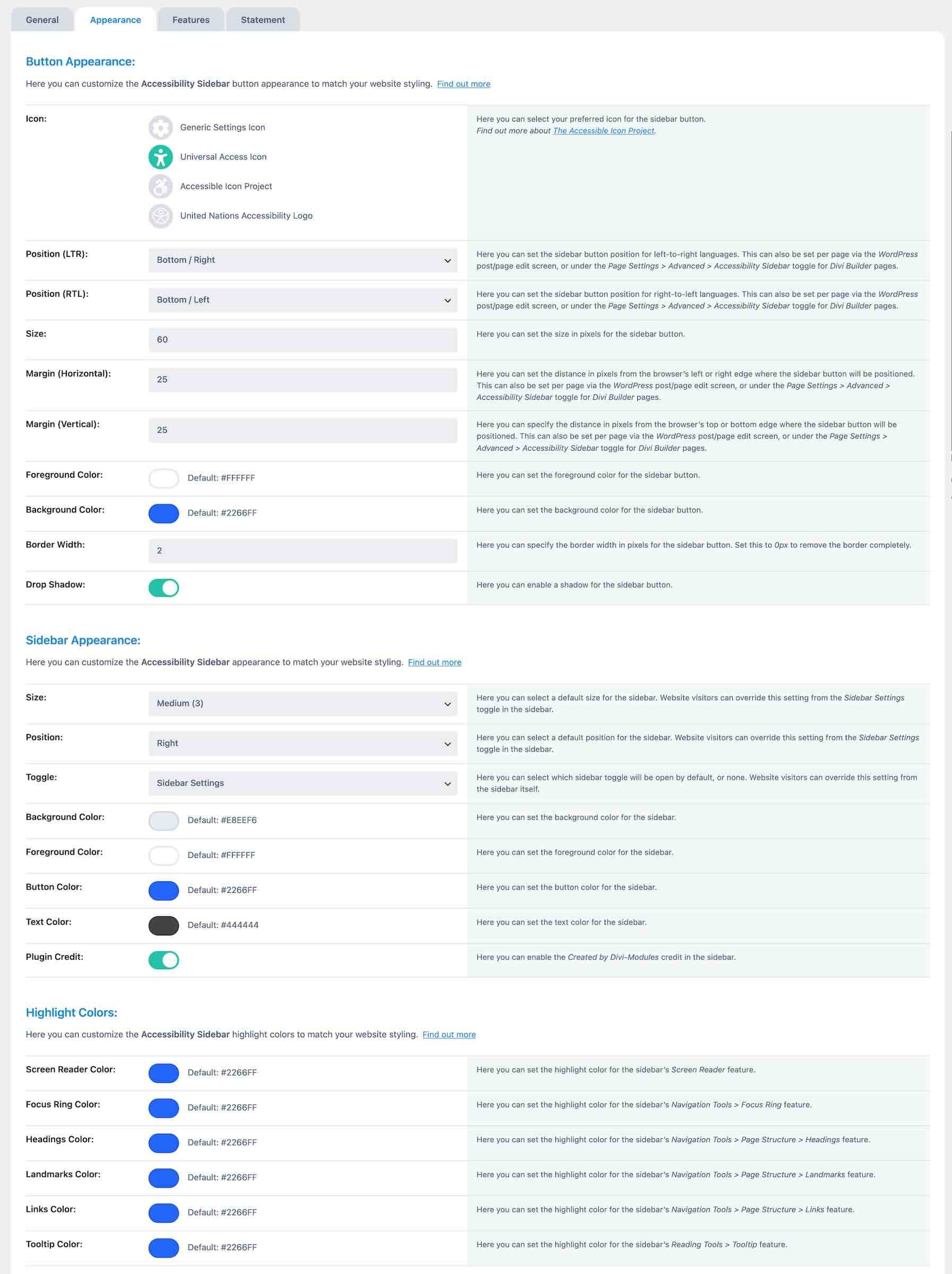 Appearance settings for Accessibility Sidebar