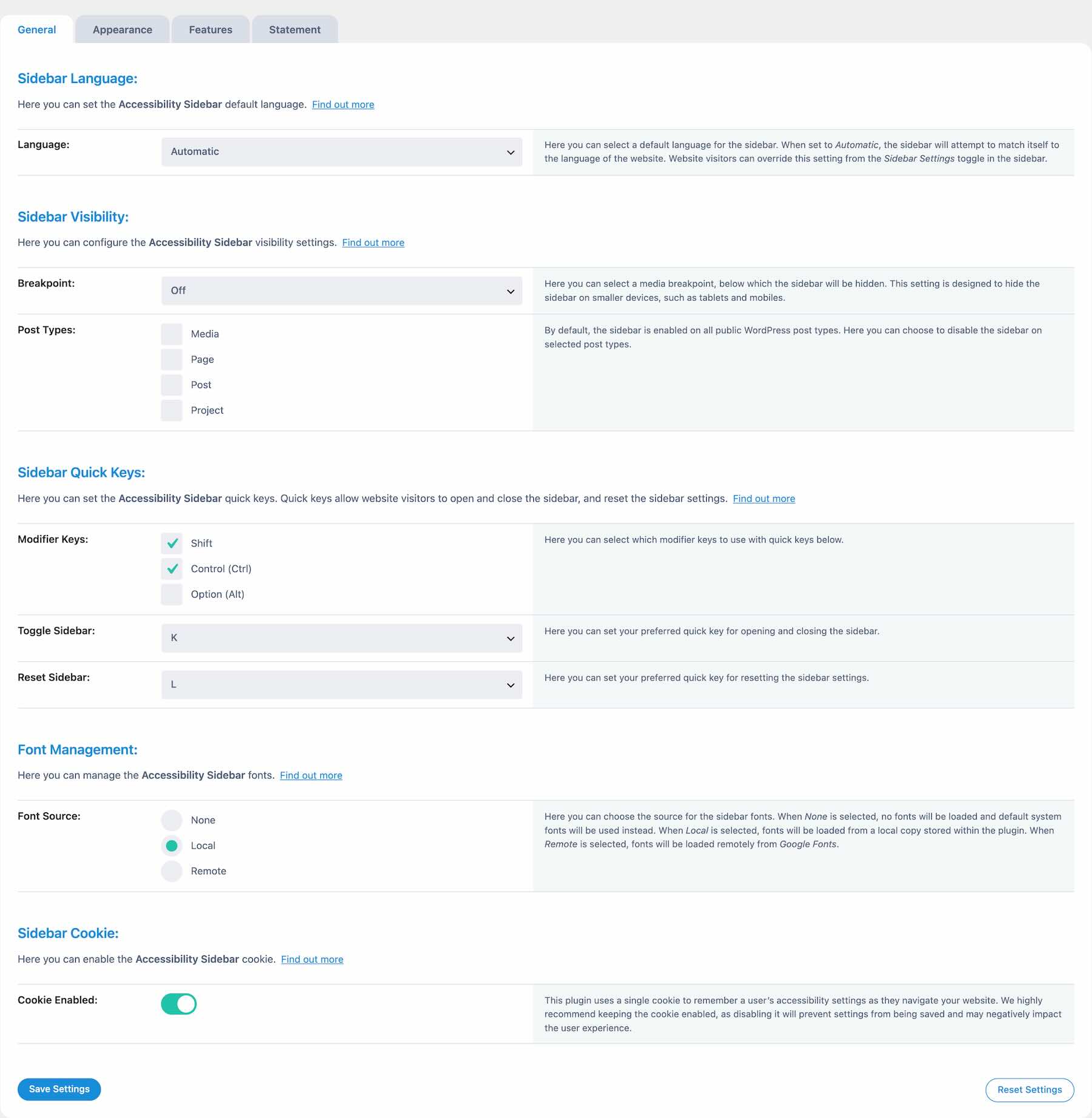General settings for Accessibility Sidebar