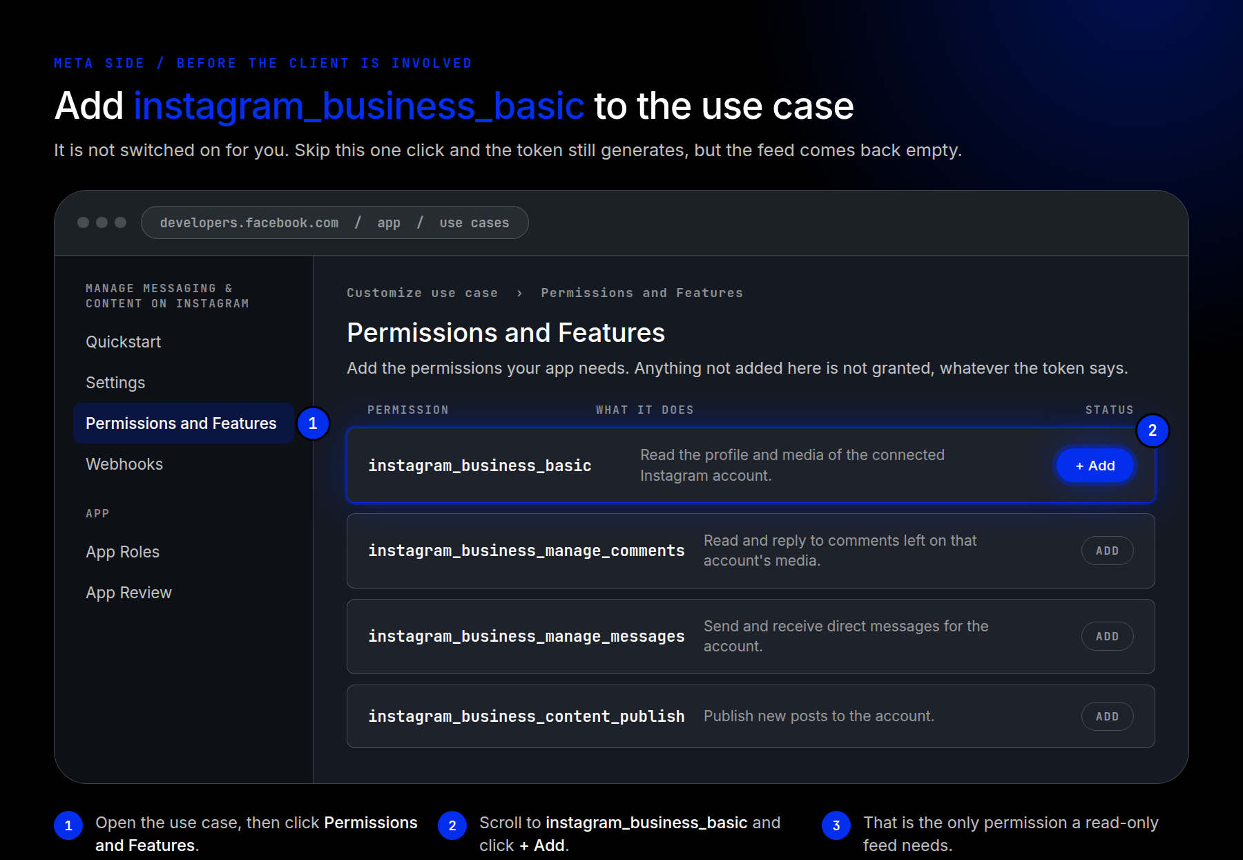 Adding the instagram_business_basic permission in Permissions and Features