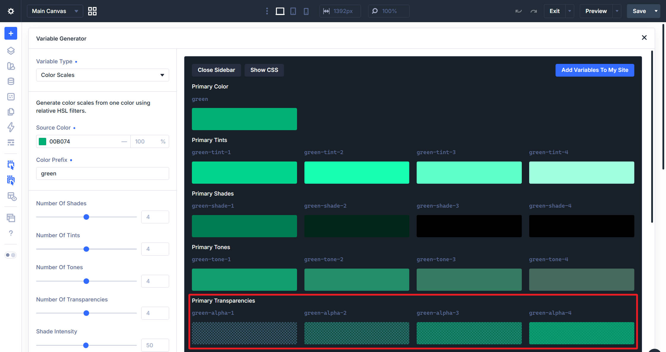 Divi 5 Color Scale Generator annotated to show alpha transparencies