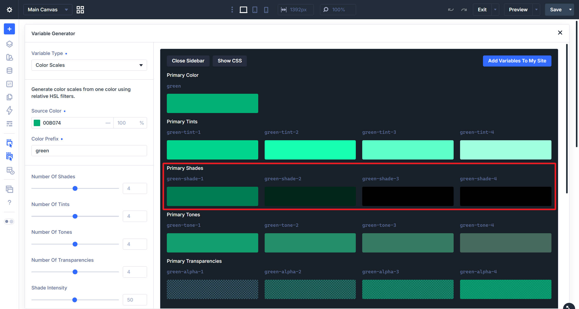 Divi 5 Color Scale Generator annotated to show shades