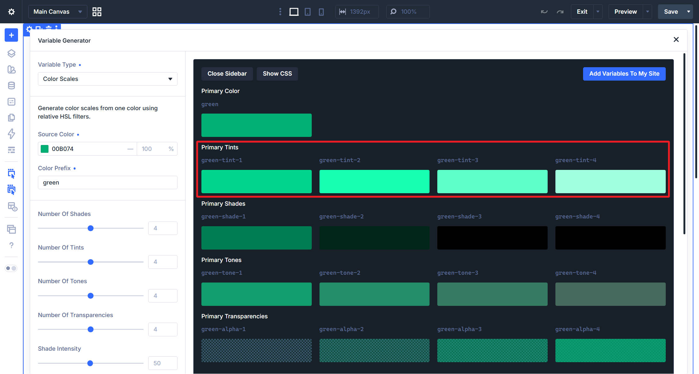 Divi 5 Color Scale Generator annotated to show tints