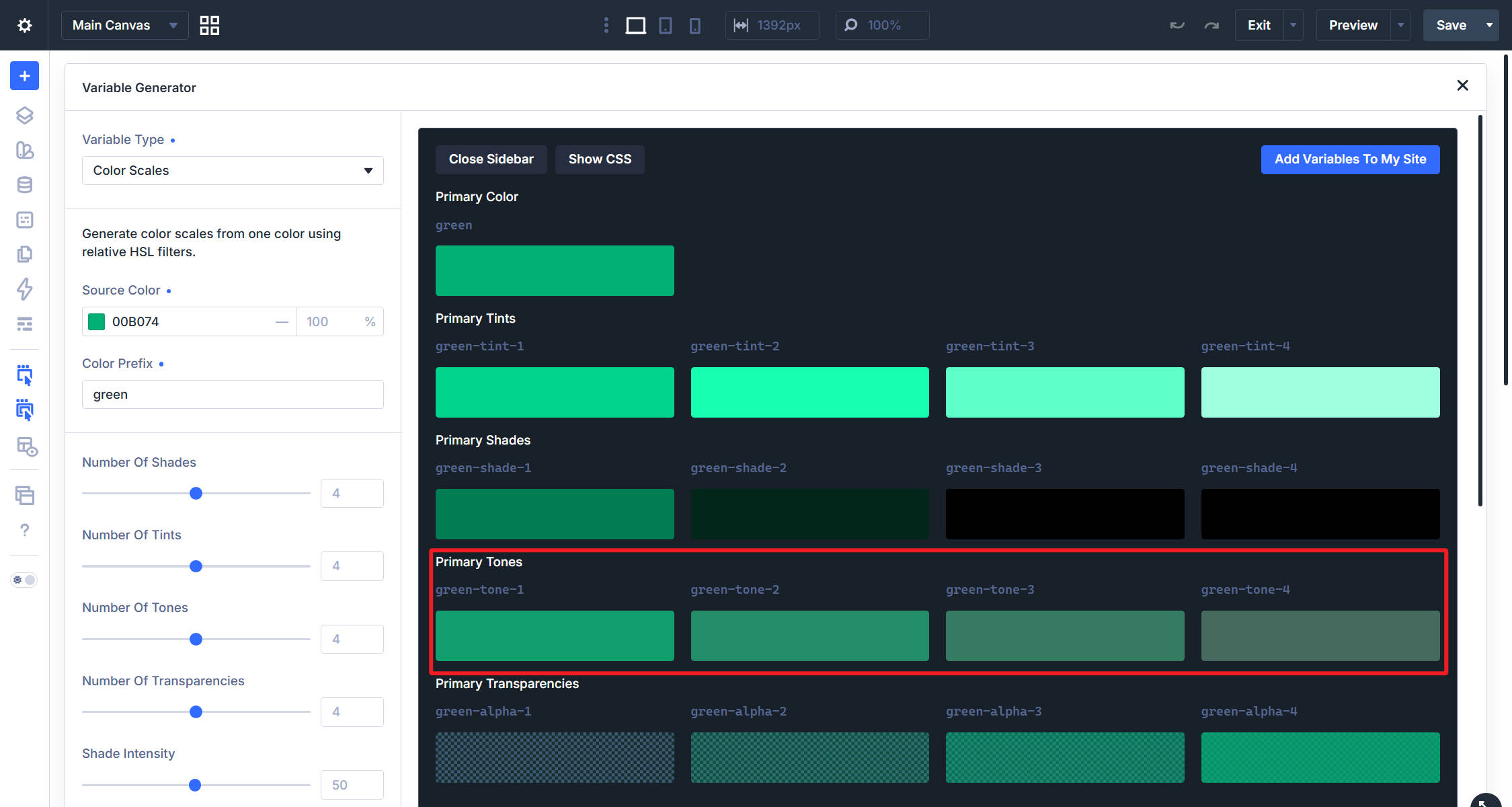 Divi 5 Color Scale Generator annotated to show tones