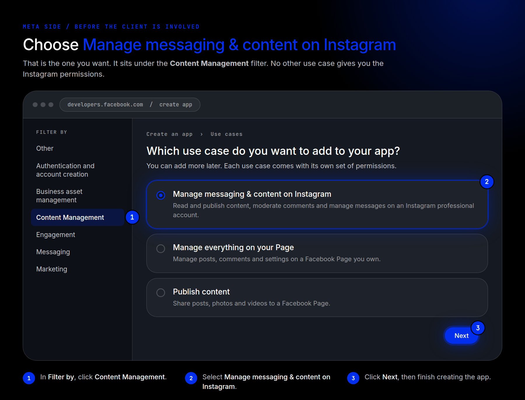Selecting the Manage messaging and content on Instagram use case