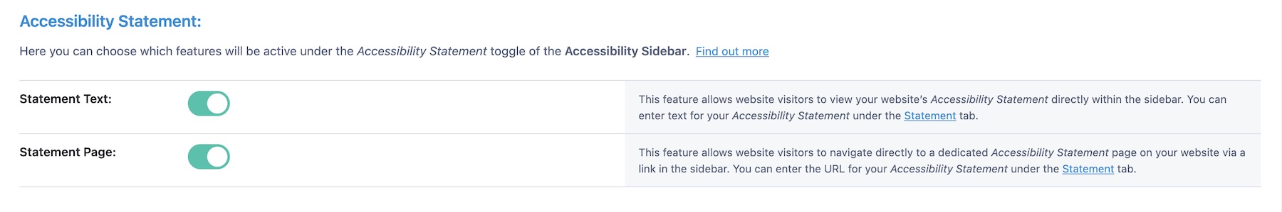 Accessibility statement settings in Accessibility Sidebar