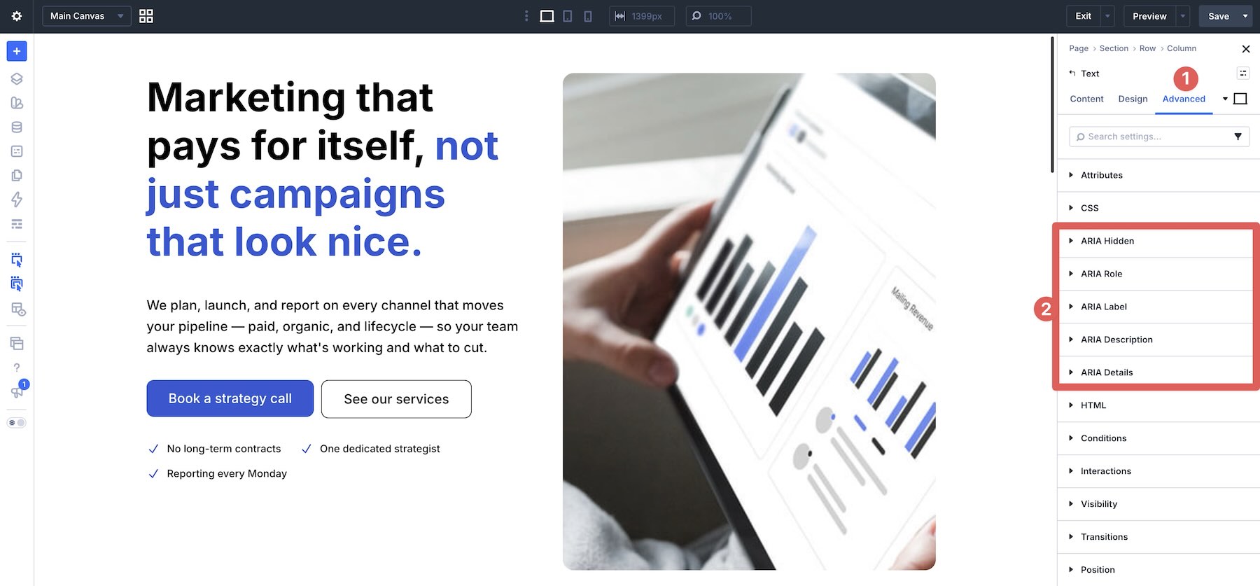 Accessibility Attributes controls in the Divi Advanced tab