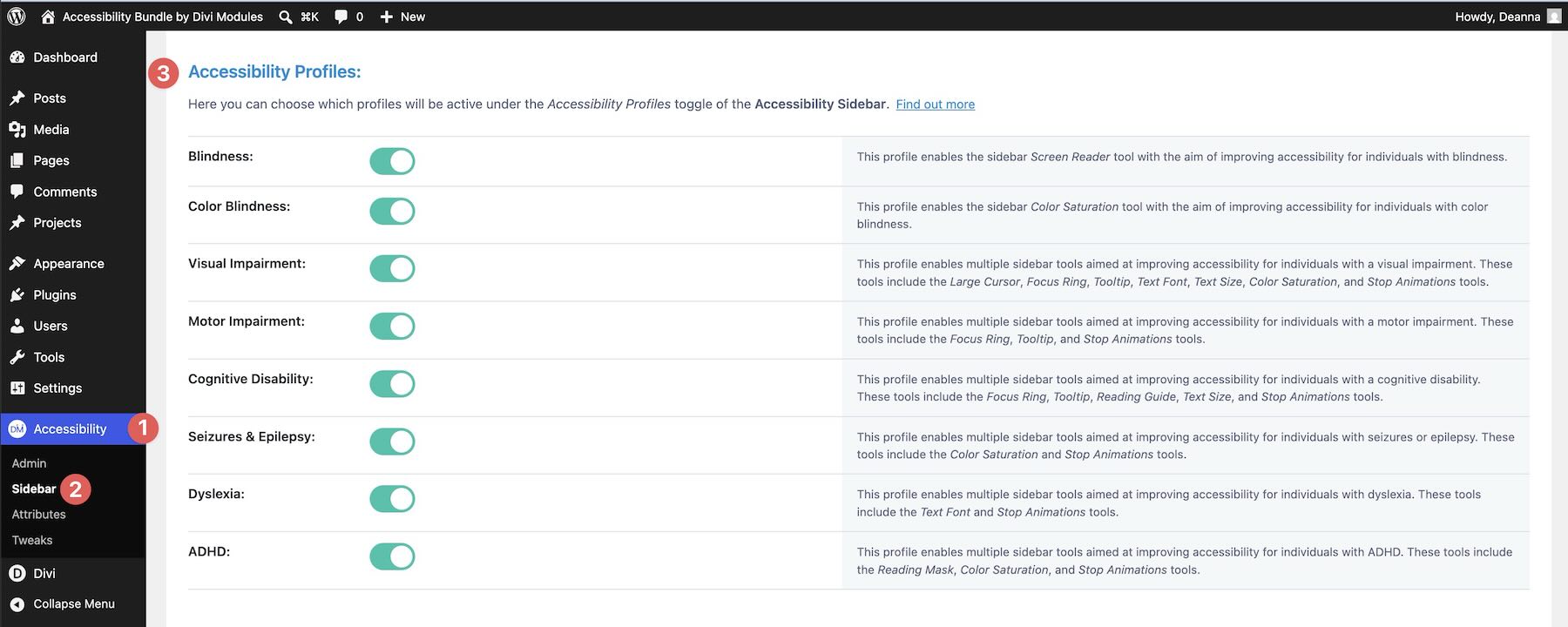 Accessibility profiles inside the Accessibility Sidebar settings