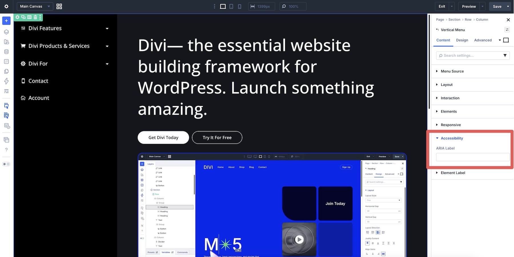 ARIA Label setting in the Divi Vertical Menu module