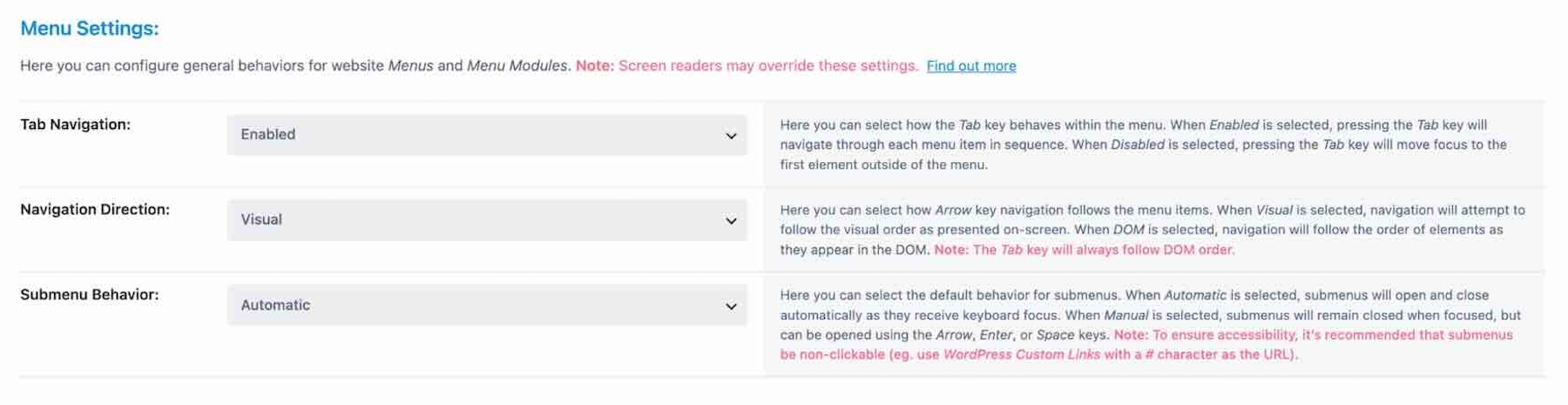 Menu settings in Accessibility Tweaks