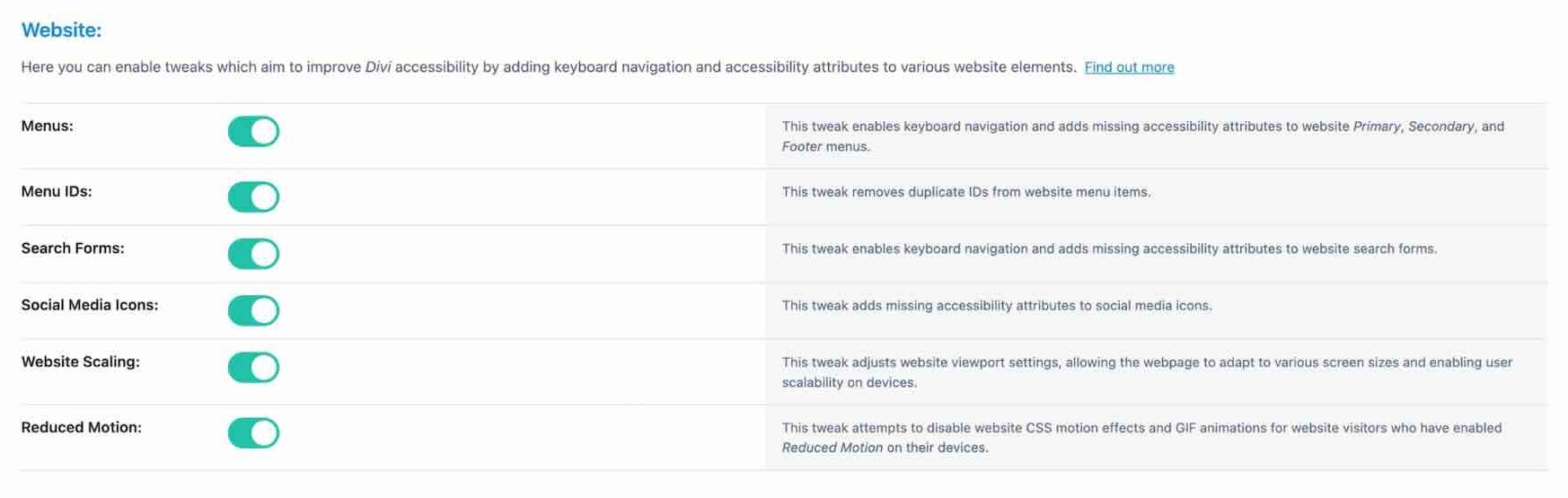 Website settings in Accessibility Tweaks