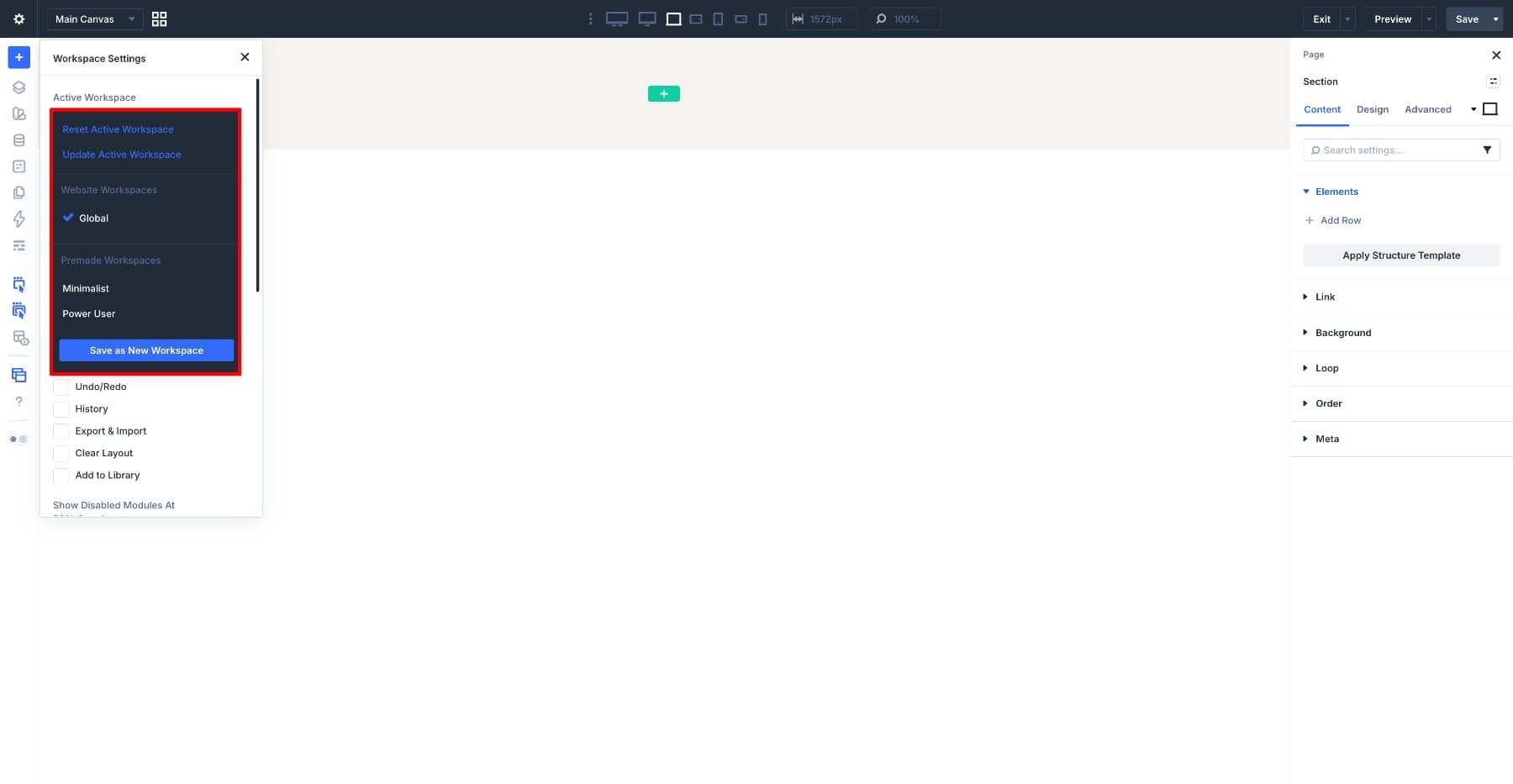 Active Workspace menu in Divi 5