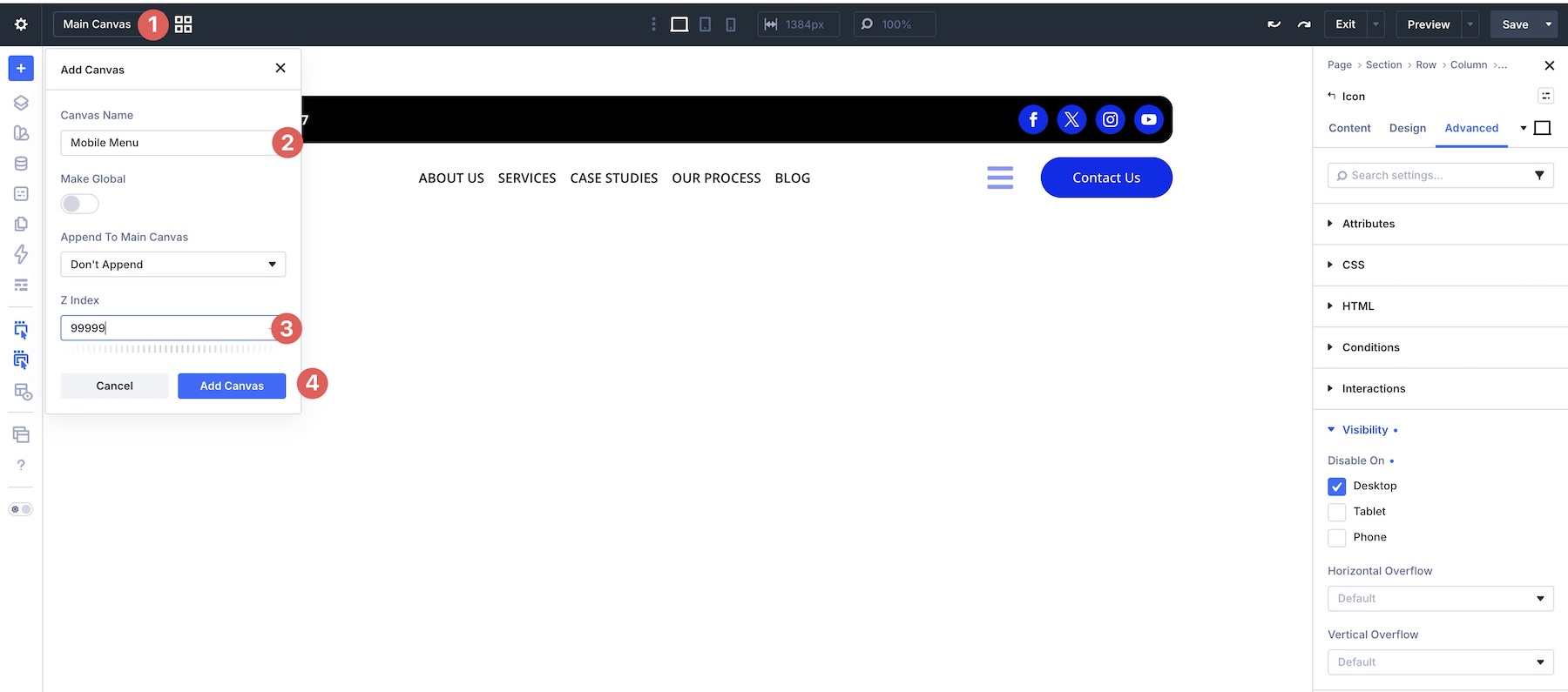 add a new canvas in Divi 5
