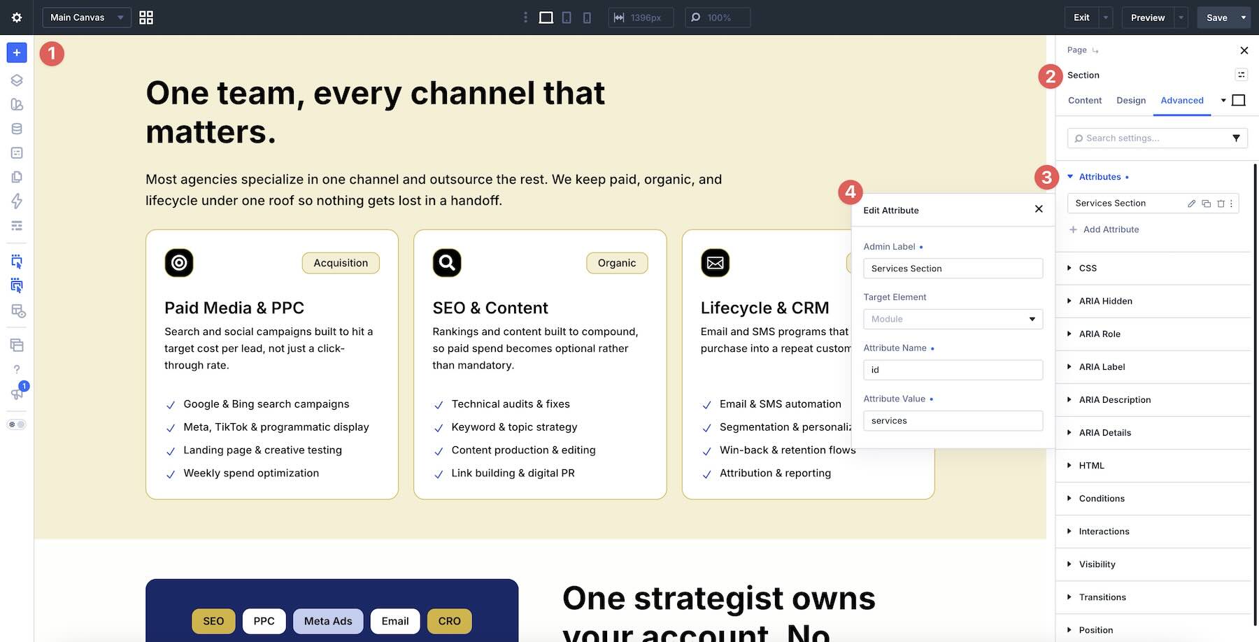 Adding a CSS ID to a services section in Divi