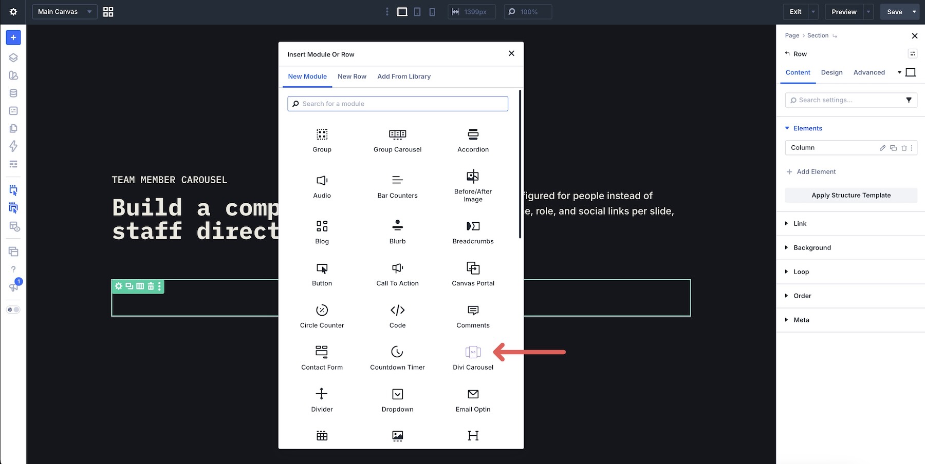 Adding the Divi Carousel Module in the Visual Builder