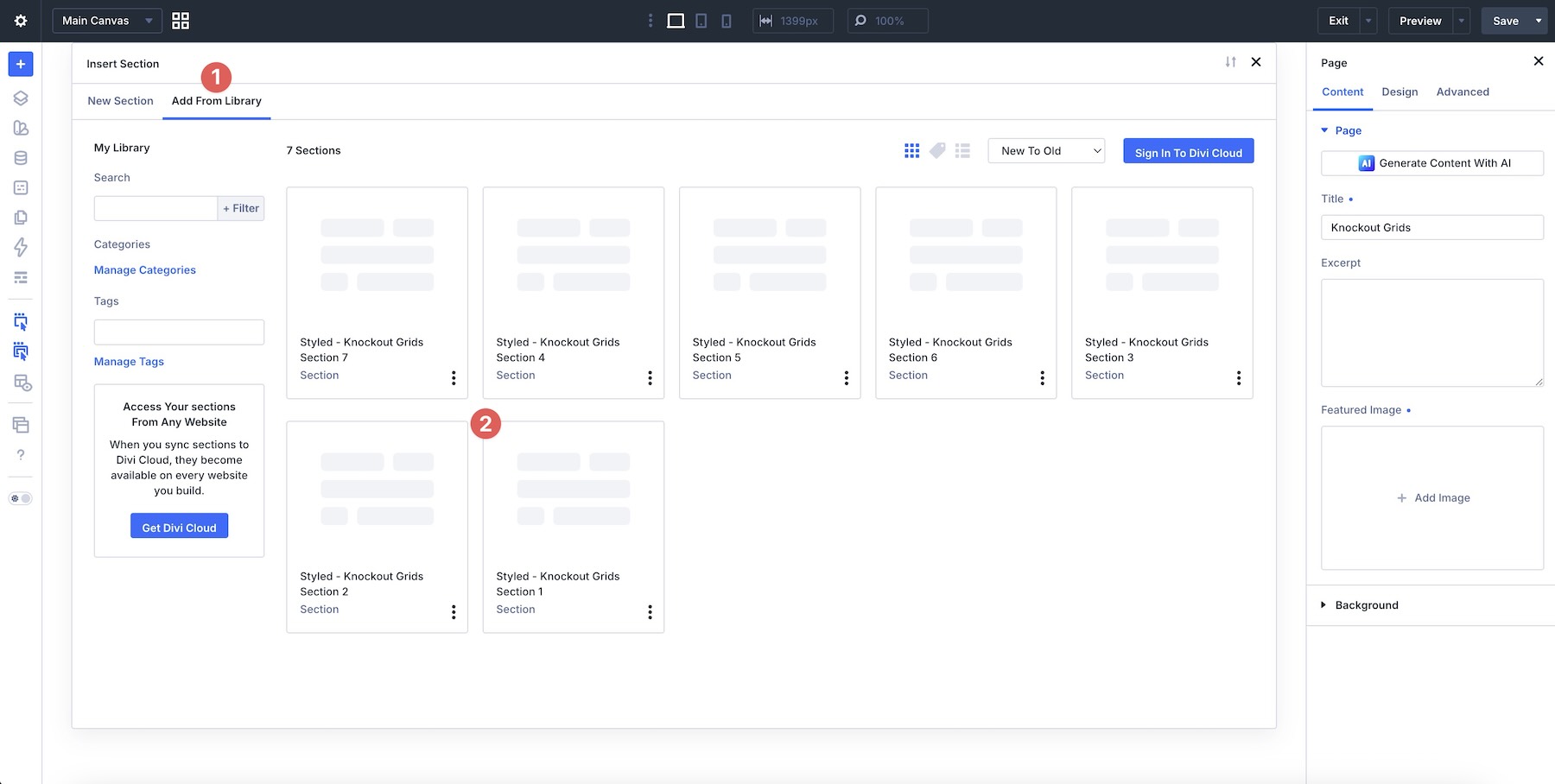 adding knockout grid layouts from the Divi Library