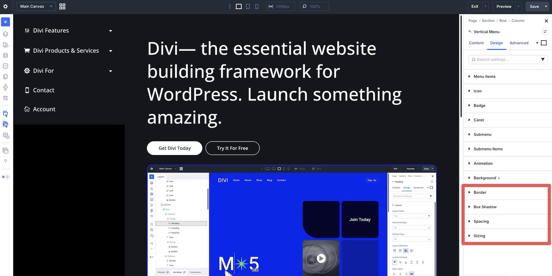 Additional Border, Box Shadow, Spacing, and Sizing controls for the Vertical Menu module