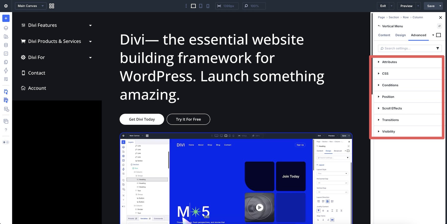Advanced tab settings available to the Divi Vertical Menu module