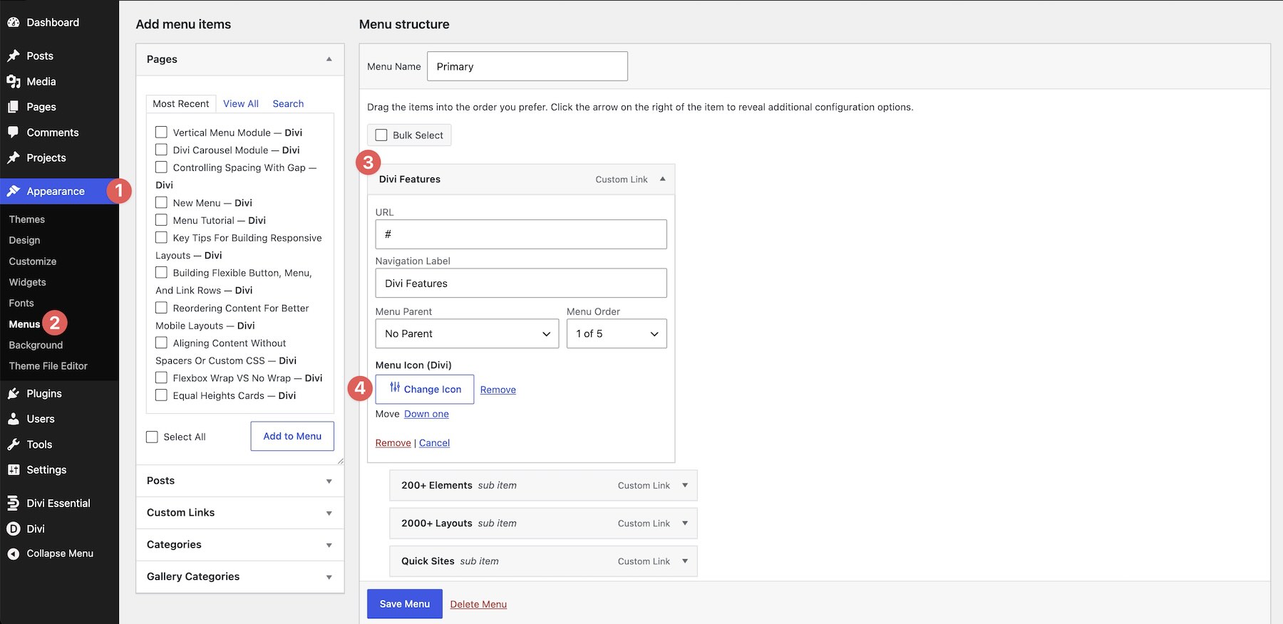 Assigning icons to WordPress menu items for Divi Essential