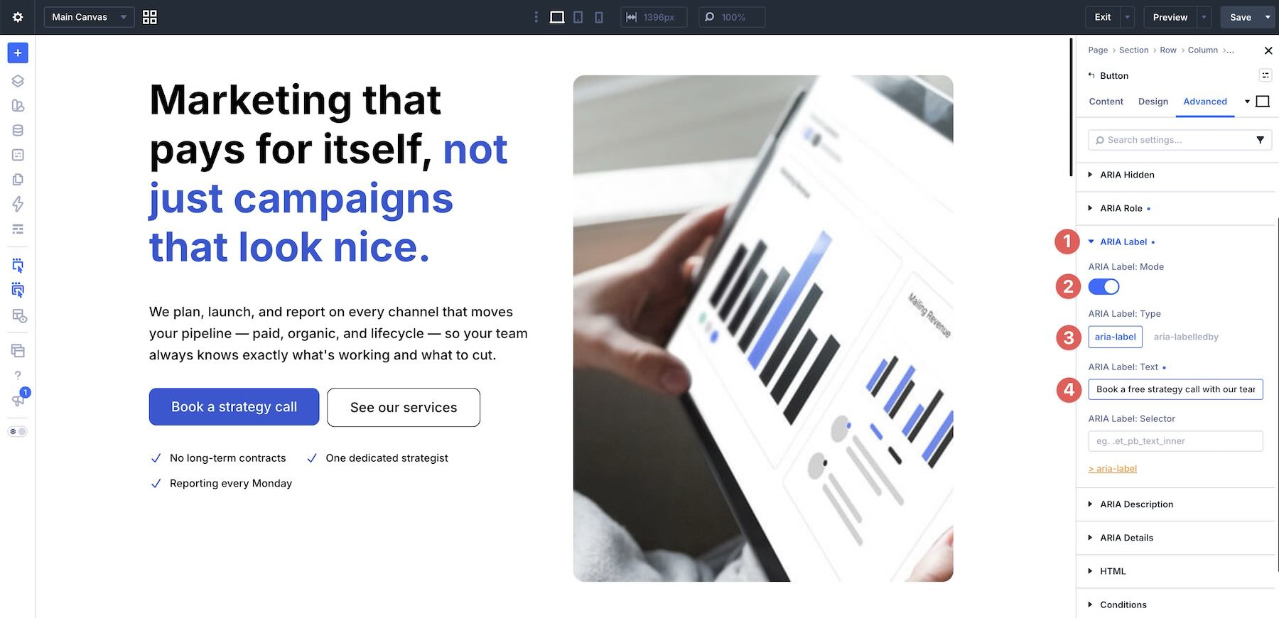 Adding an ARIA label to a Divi button
