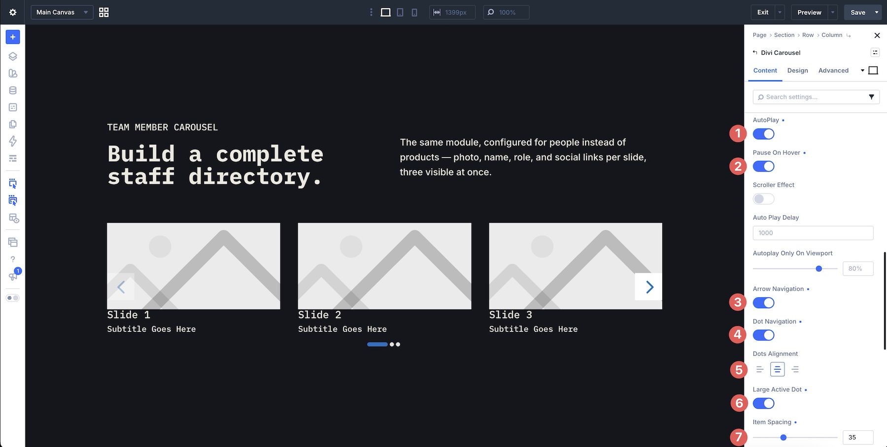 Autoplay, navigation, and item spacing controls in Divi Carousel Module 5.0