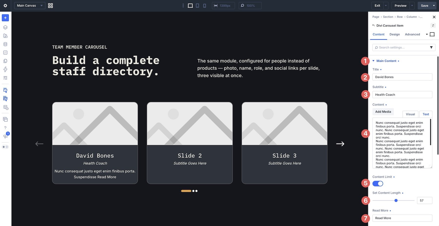 Adding title, subtitle, and body content to a Carousel Item