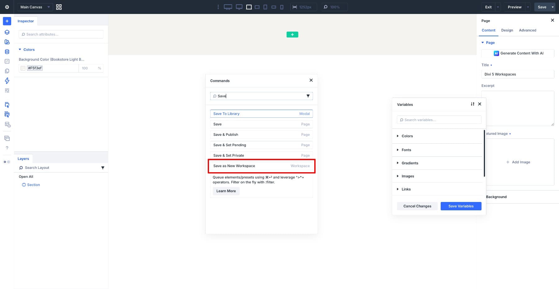 Workspace commands in the Divi 5 Command Center