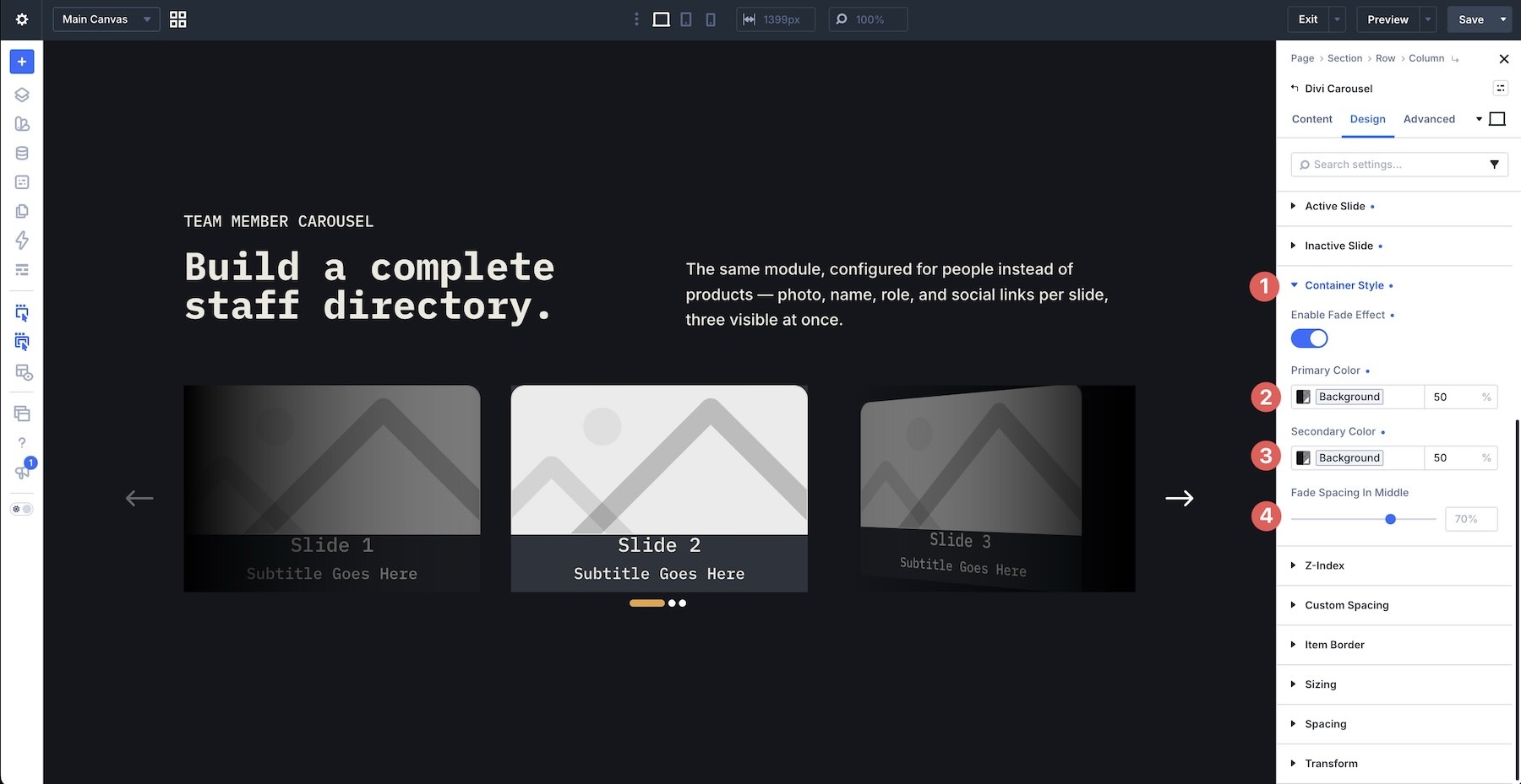 Container fade styling settings in Divi Carousel Module 5.0