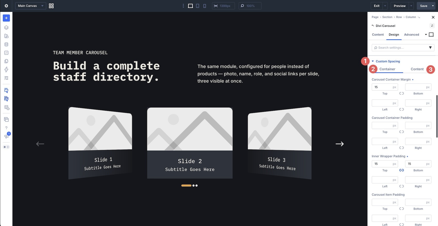 Custom Spacing controls in Divi Carousel Module 5.0