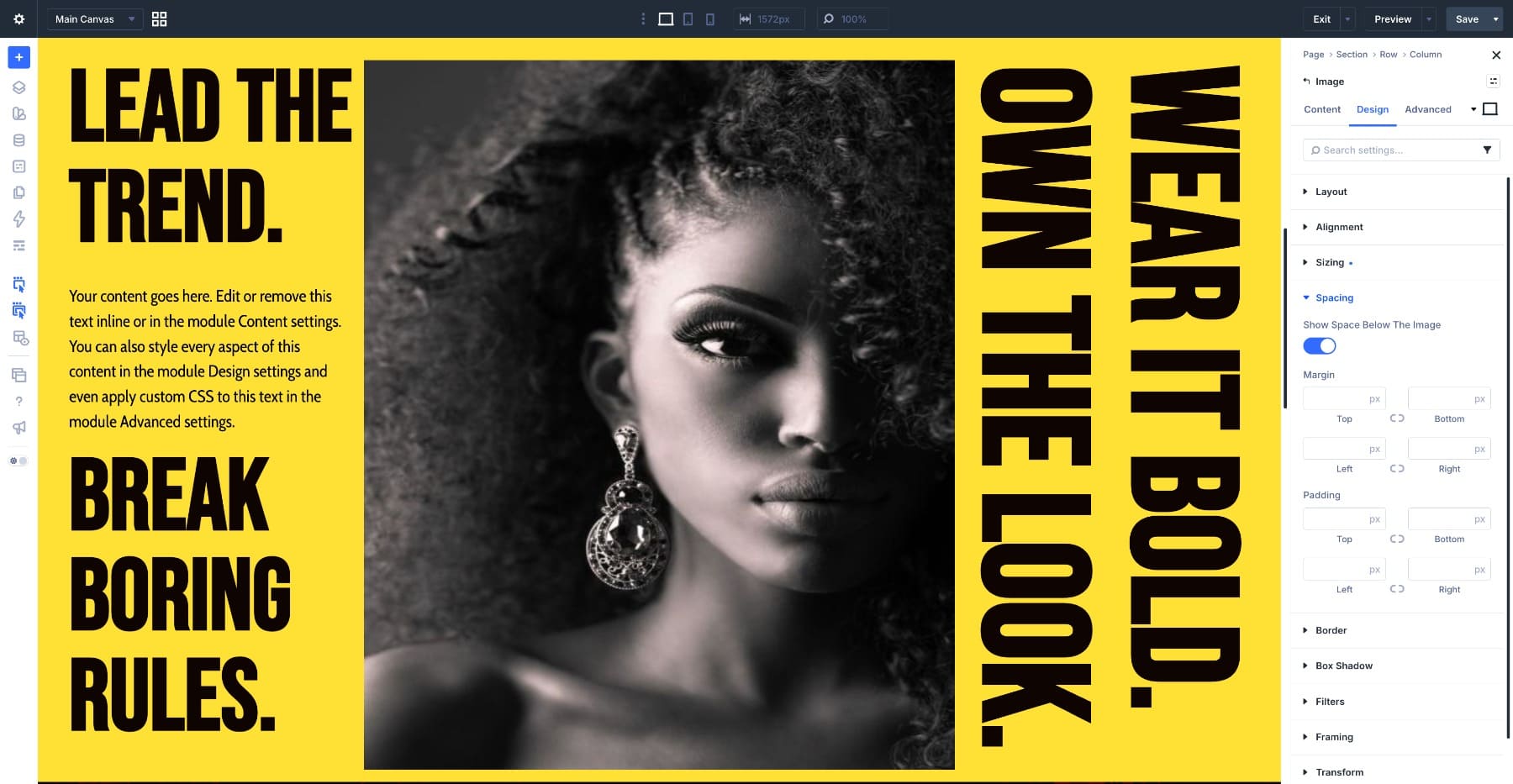 Editorial fashion header with vertical text in Divi 5