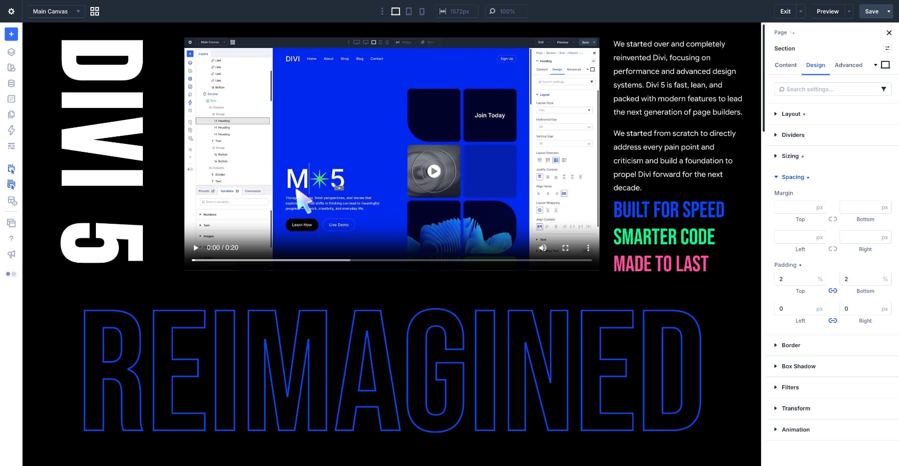 Product launch header with vertical brand text in Divi 5