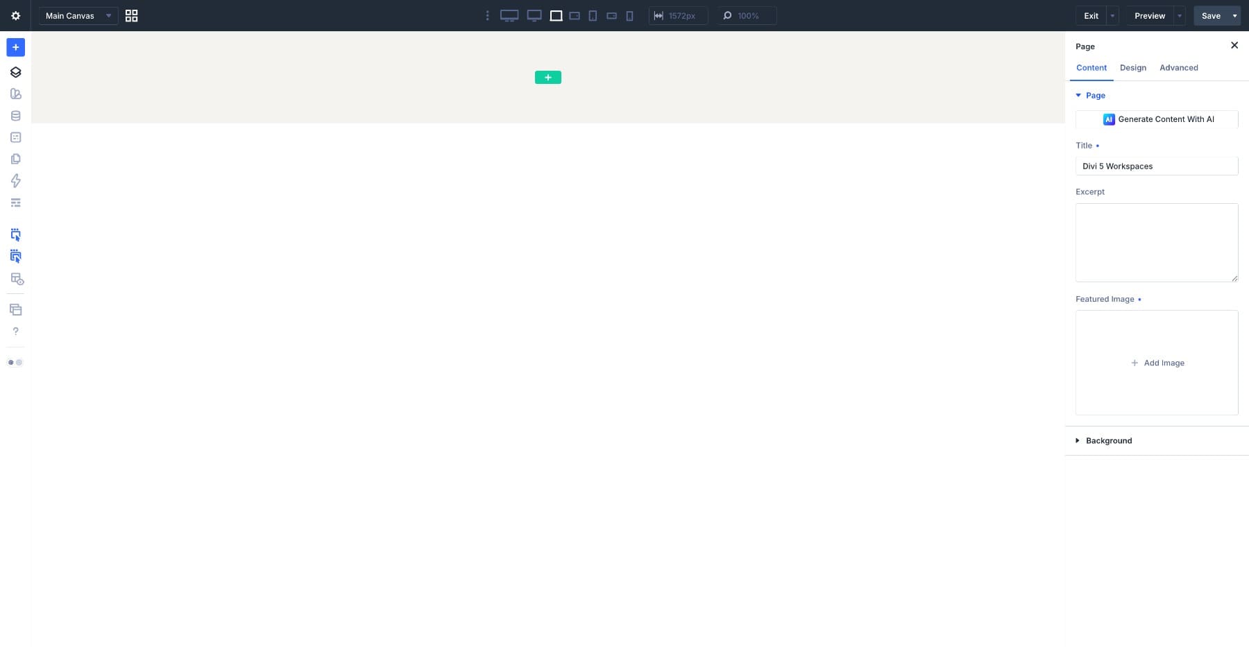 Divi 5 Visual Builder opened with the default workspace
