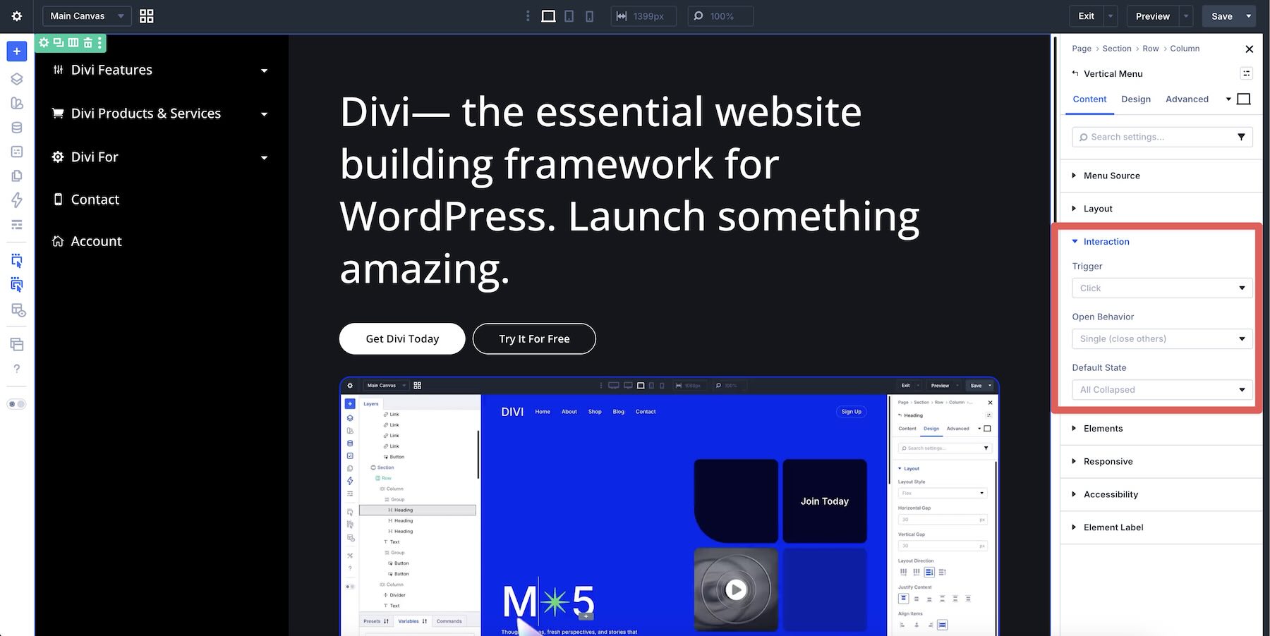 Submenu trigger and open behavior settings in the Divi Vertical Menu module