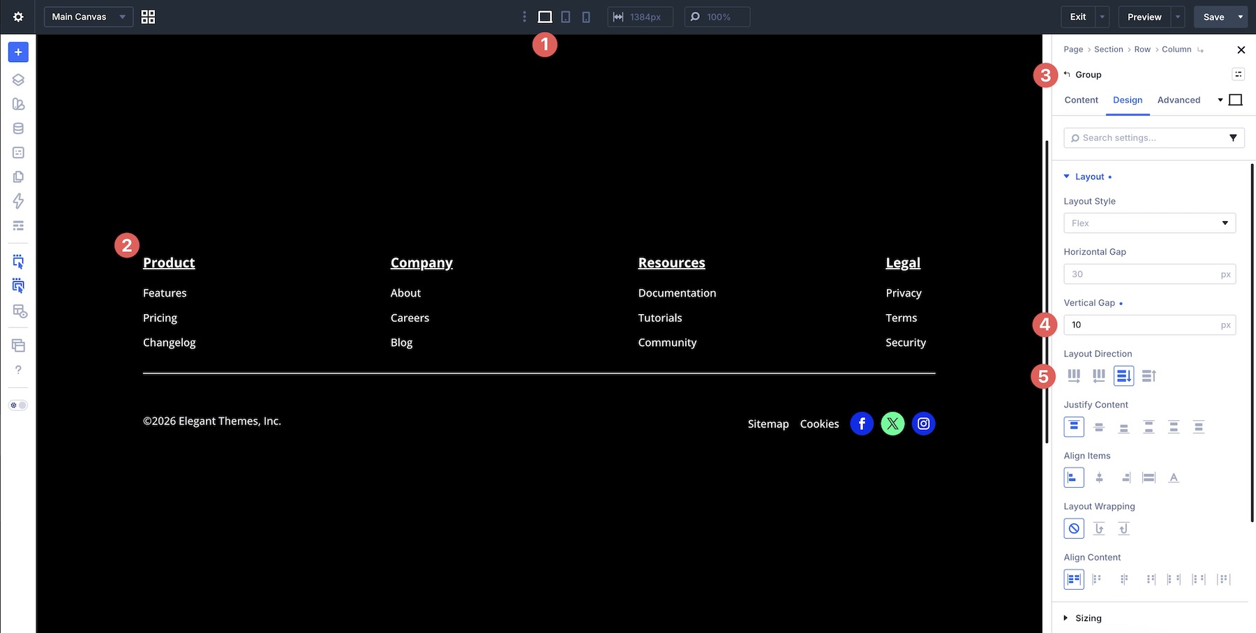 footer group settings desktop