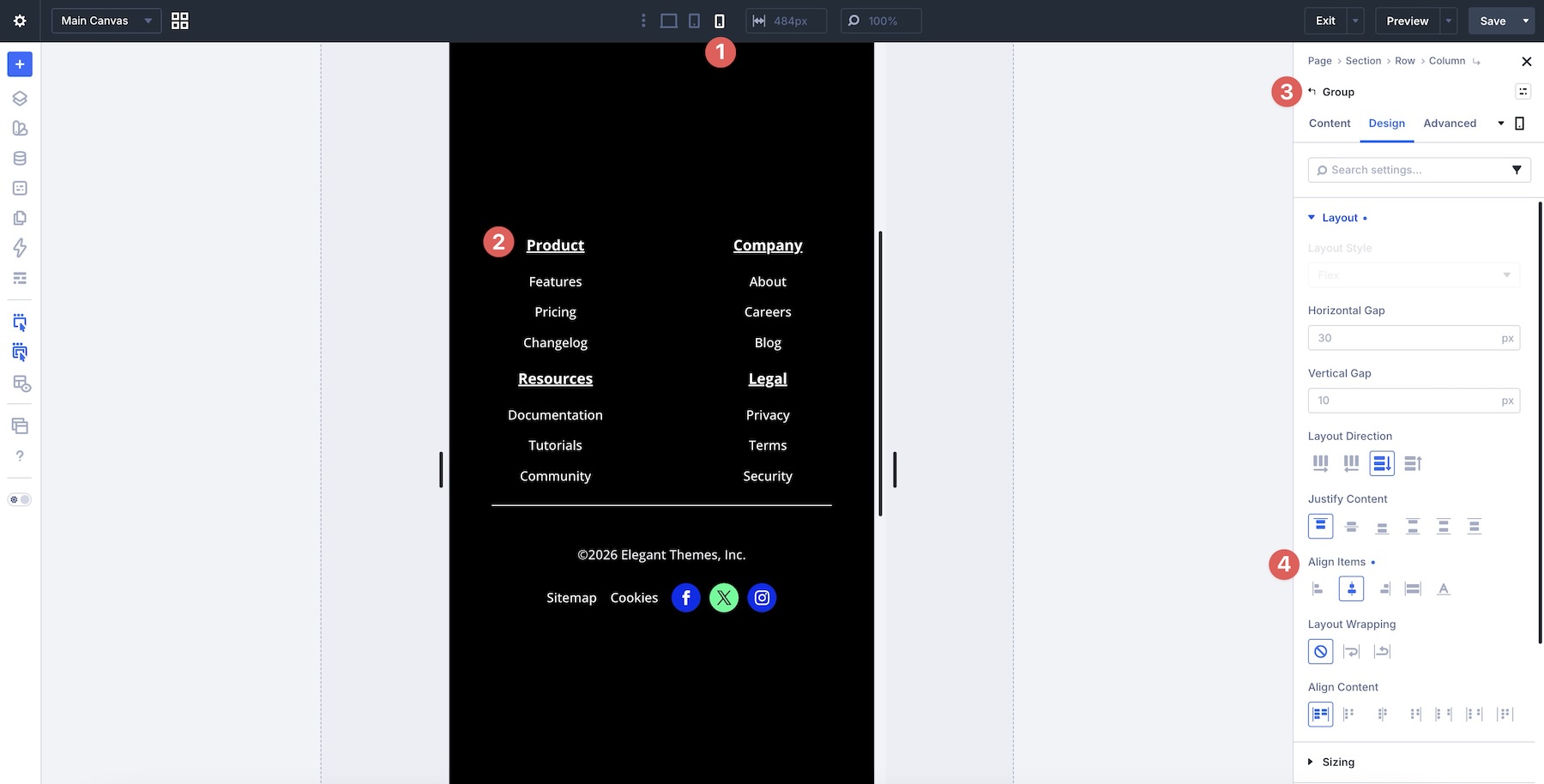 footer group settings mobile