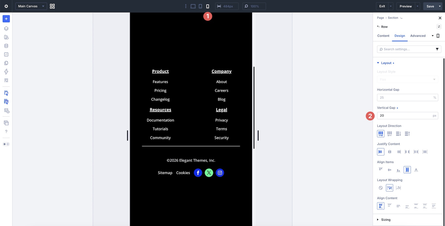 footer row settings mobile